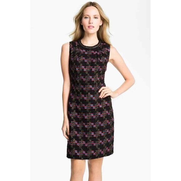 Trina Turk Womens Goodnight Tweed Sheath Dress Black Geometric Scoop Zipper XS - Picture 1 of 11